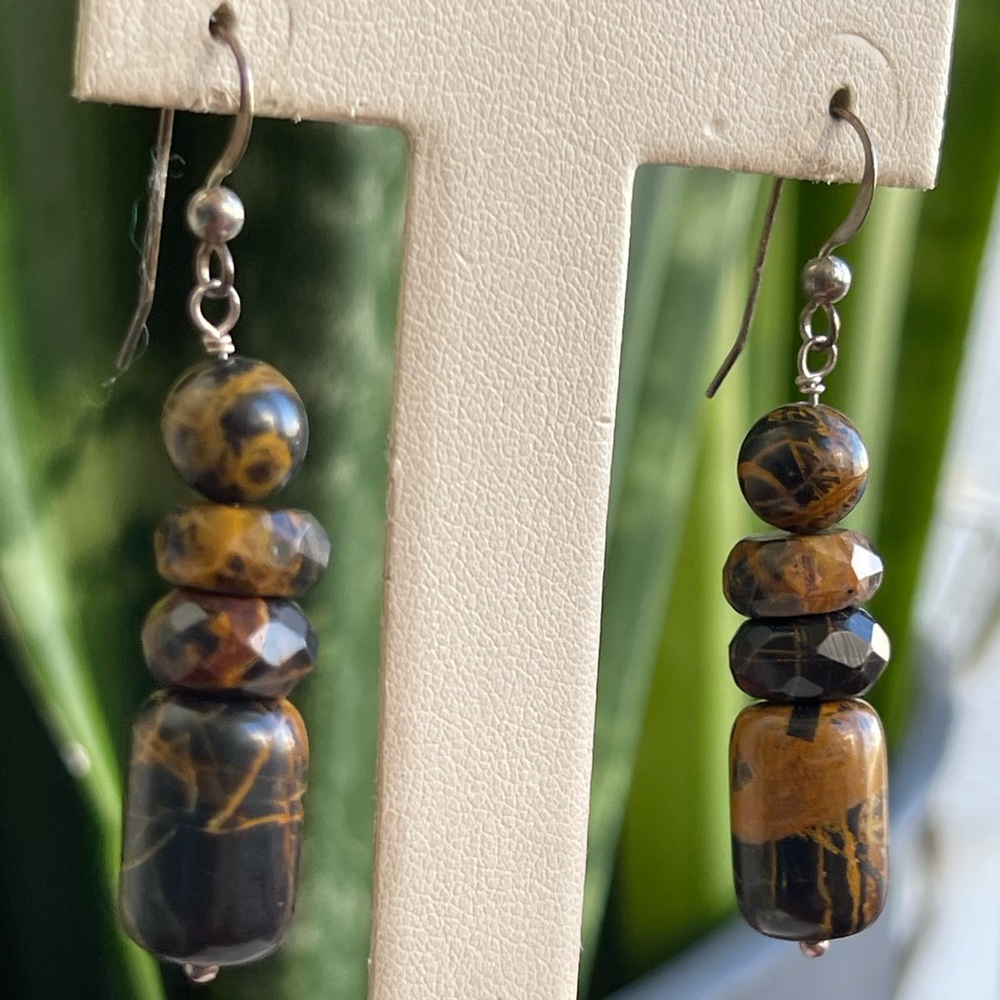 Bumble Bee Jasper Earrings, Hand Forged Sterling Silver - Picture 2 of 4